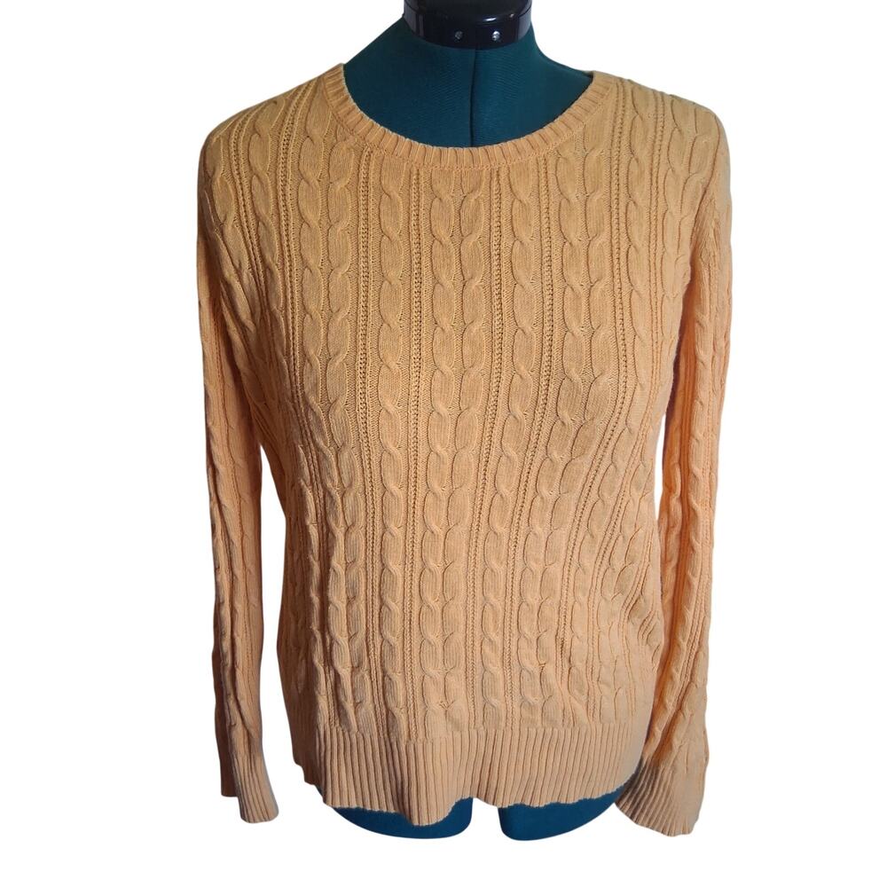 St. John’s Bay Women’s L Mustard Yellow Cable Knit Cotton Sweater Crewneck